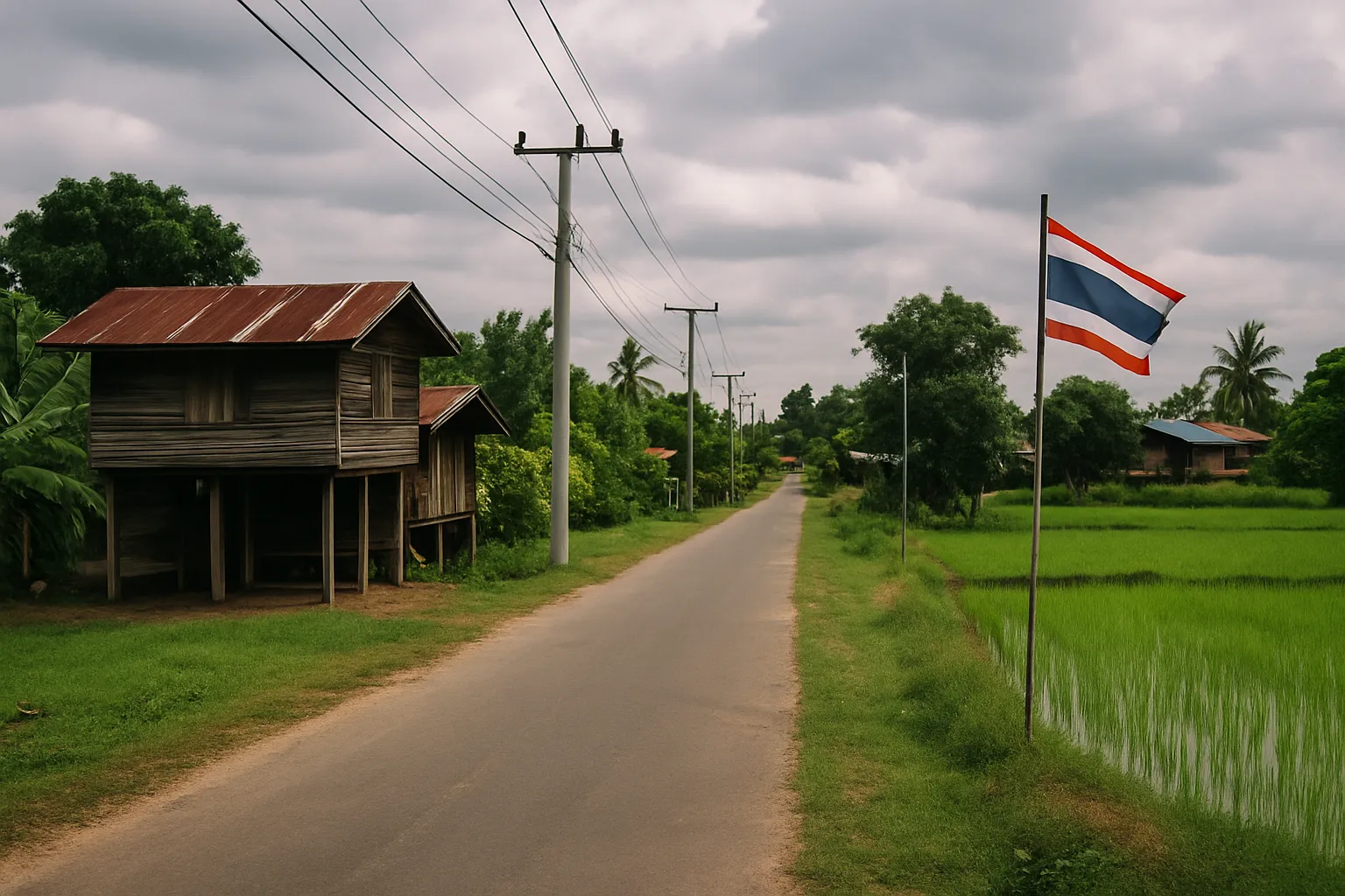 Rural Thai village near the Cambodian border in Sisaket province, quiet road, rice fields, overcast sky