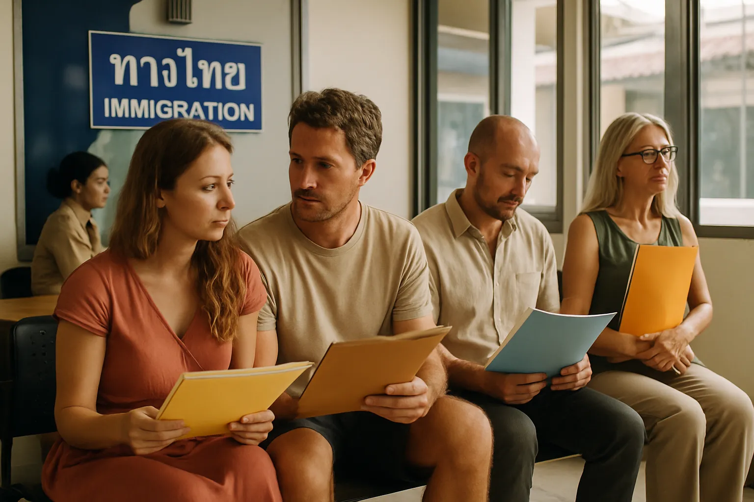 Salle d'attente d'un bureau d'immigration thaïlandais avec des expatriés tenant des dossiers de documents