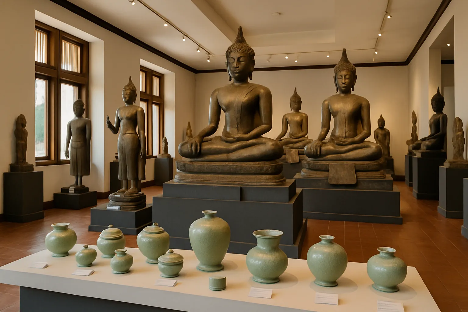 Salle principale du Ramkhamhaeng National Museum avec statues bouddhiques et poteries céladon de l'époque sukhothaïenne