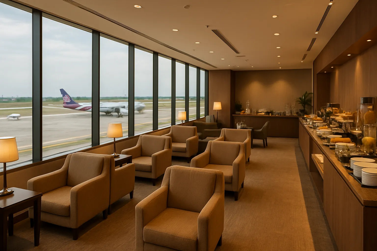 Salon VIP d'un aéroport thaïlandais avec sièges confortables, buffet et vue sur les pistes, utilisé par les membres Thailand Privilege