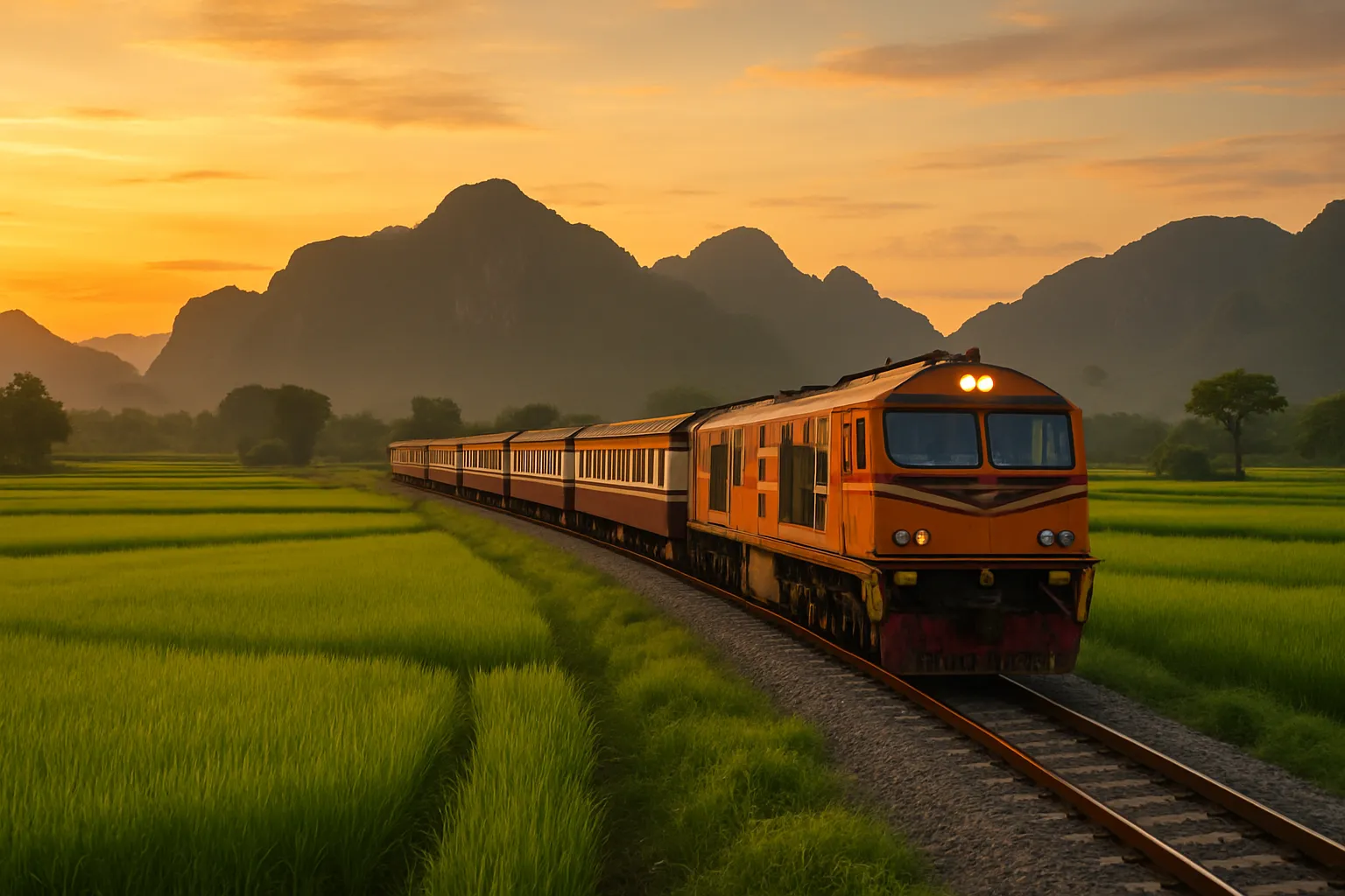 Scenic view of a Thai train passing through green rice paddies and mountains in northern Thailand at sunrise