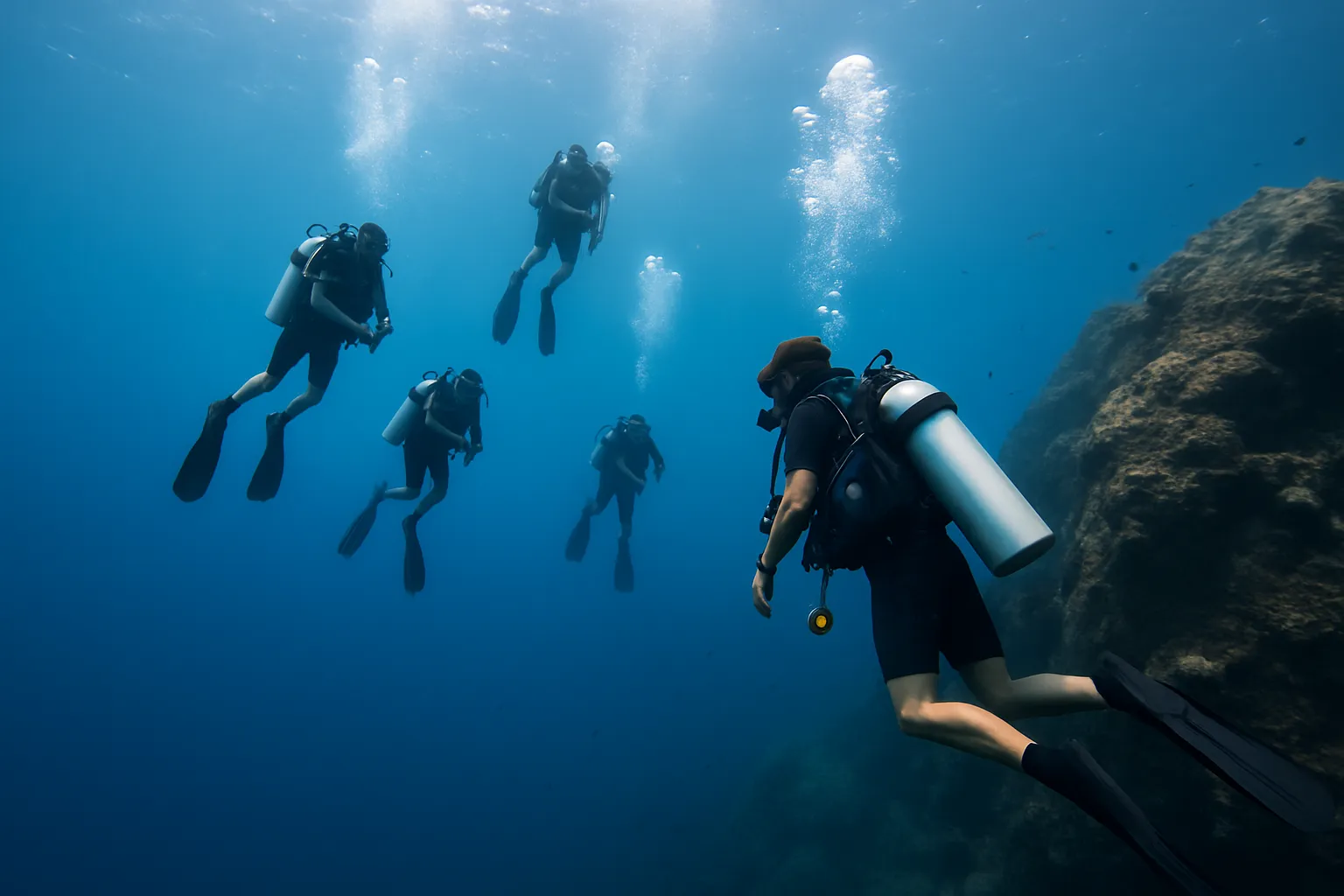 Scuba divers descending into clear blue water at Chumphon Pinnacle near Koh Tao in the Gulf of Thailand