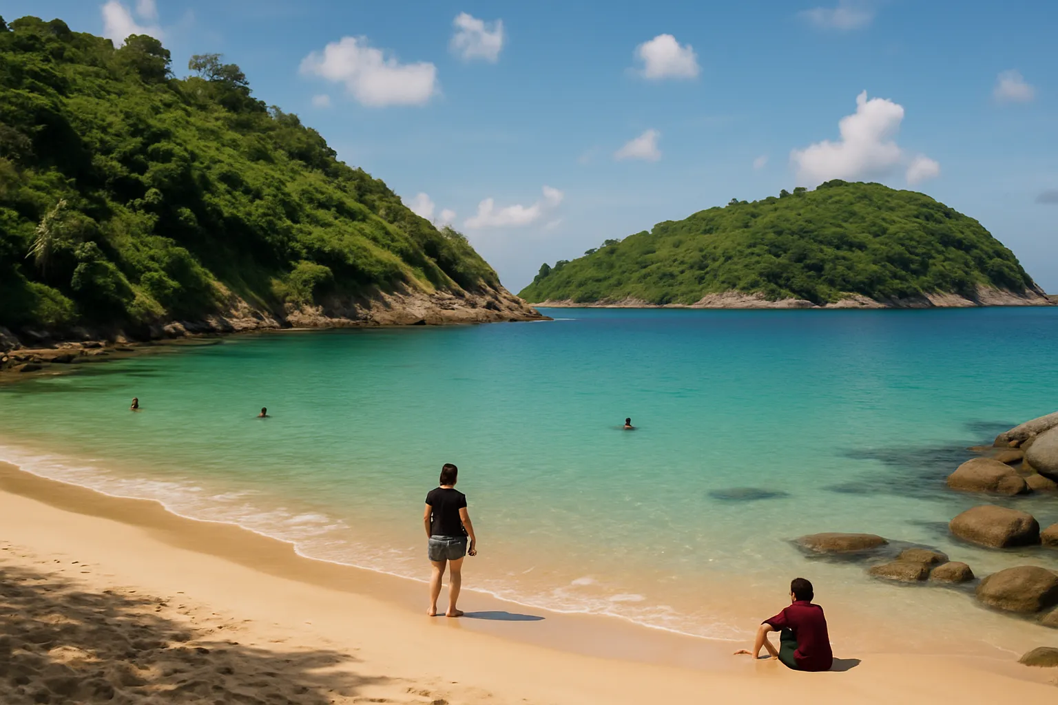 Secluded beach at Nai Harn in southern Phuket with clear green water and only a few local visitors visible