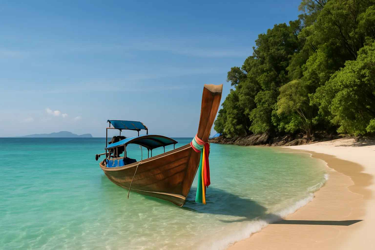 Secluded tropical beach with longtail boat and clear emerald water at Bamboo Island near Koh Phi Phi Thailand