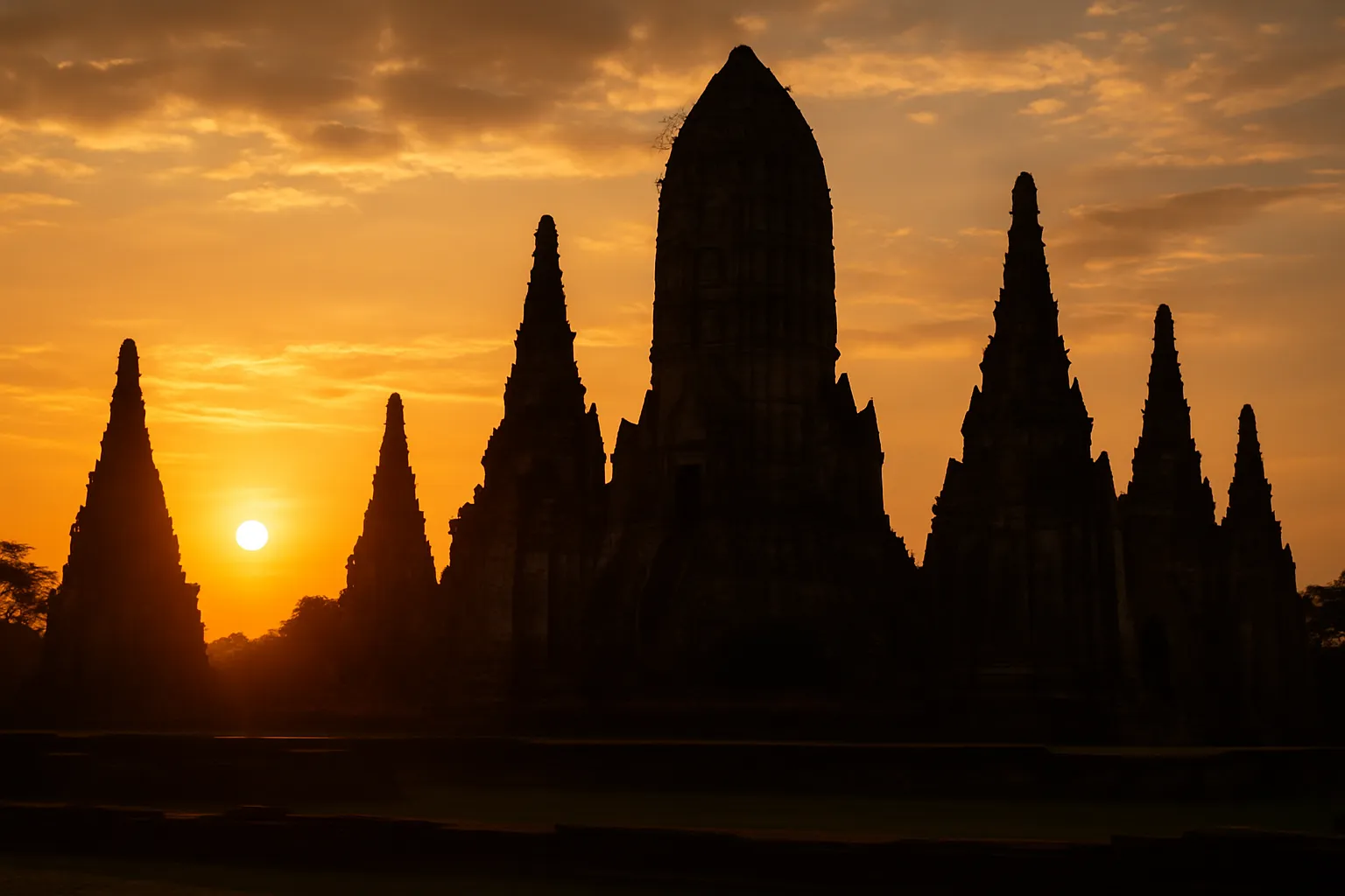 Silhouette des tours de Wat Chai Watthanaram à Ayutthaya baignées dans la lumière dorée du coucher de soleil