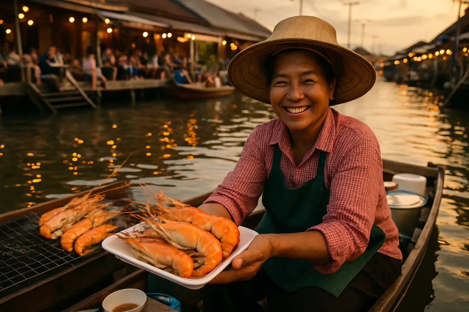Smiling Thai food vendor on a wooden boat serving grilled river prawns to tourists at Amphawa floating market in the evening light