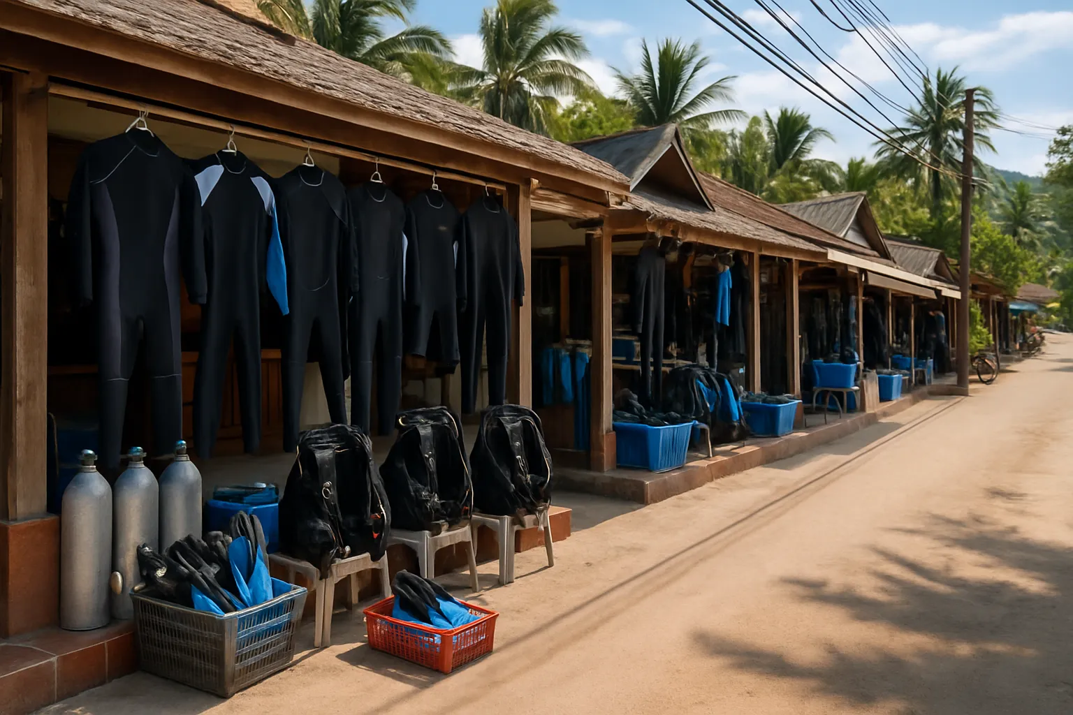 Street view of dive shop storefronts on Koh Tao main beach road with dive equipment and wetsuits displayed outside