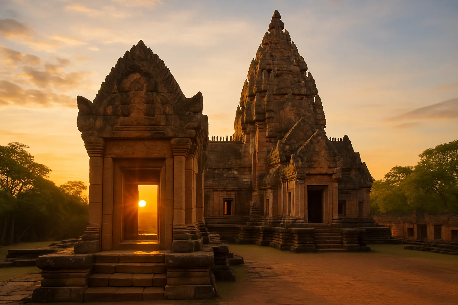 Sunrise over Phanom Rung Khmer temple on a volcanic hill in Buriram province, Isaan Thailand, with golden light illuminating the ancient sandstone doorways