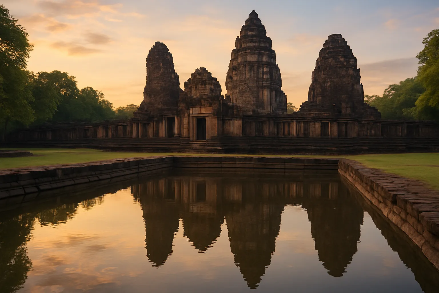 Temple khmer de Phimai à l'aube, tours en grès rosé entourées de douves reflétant le ciel, sans touristes, Nakhon Ratchasima Thaïlande