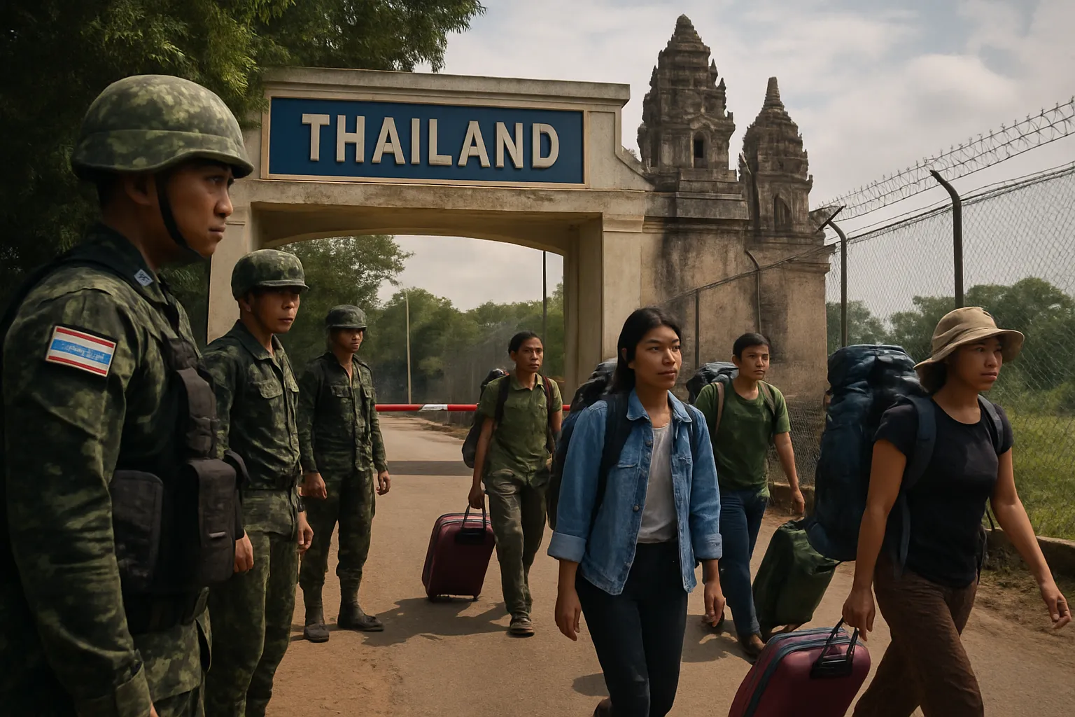 Thai and Cambodian border checkpoint with military personnel and civilian travelers, daytime, Southeast Asia