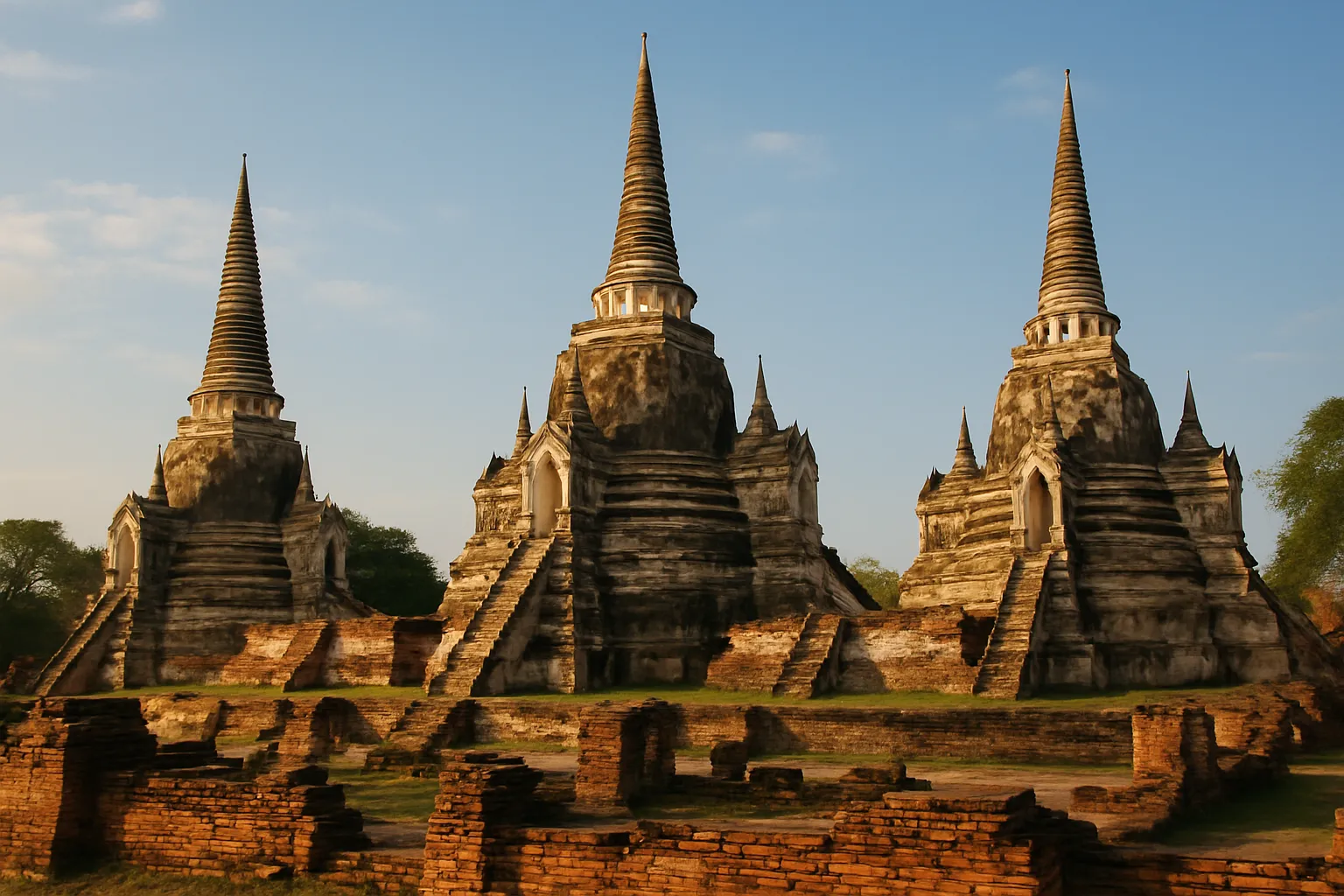 Three ancient Khmer-style chedis at Wat Phra Si Sanphet temple in Ayutthaya glowing in morning sunlight
