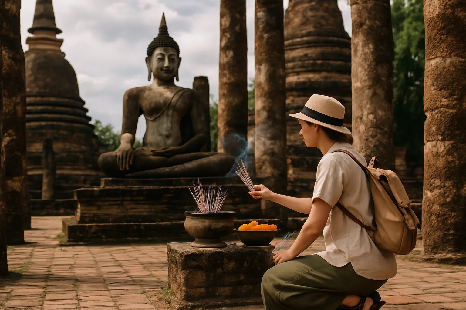 Tourist in modest clothing offering incense at a small shrine within the Sukhothai Historical Park Thailand