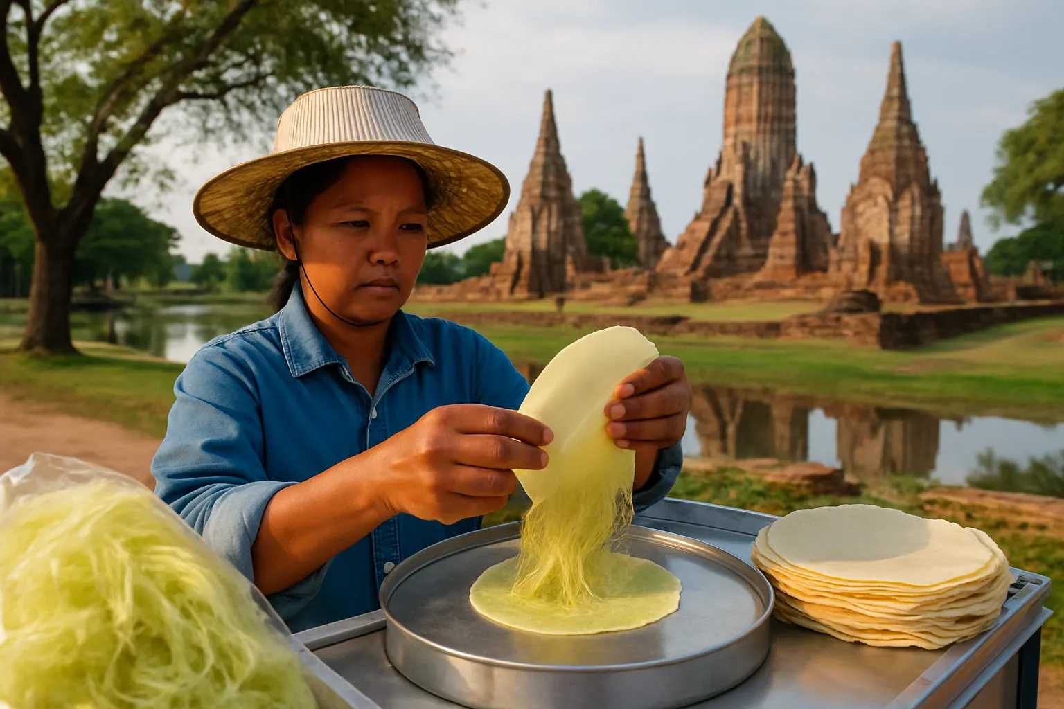 Traditional Ayutthayan roti sai mai cotton candy being wrapped at a street food stall near the historical park
