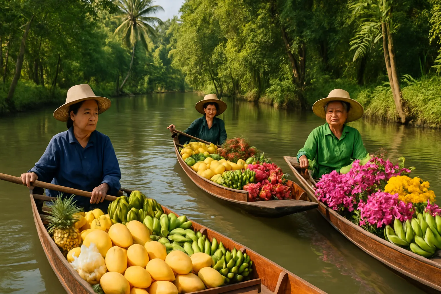 Traditional wooden boat vendors selling fresh tropical fruits and flowers at Tha Kha floating market surrounded by lush green orchards in Samut Songkhram Thailand