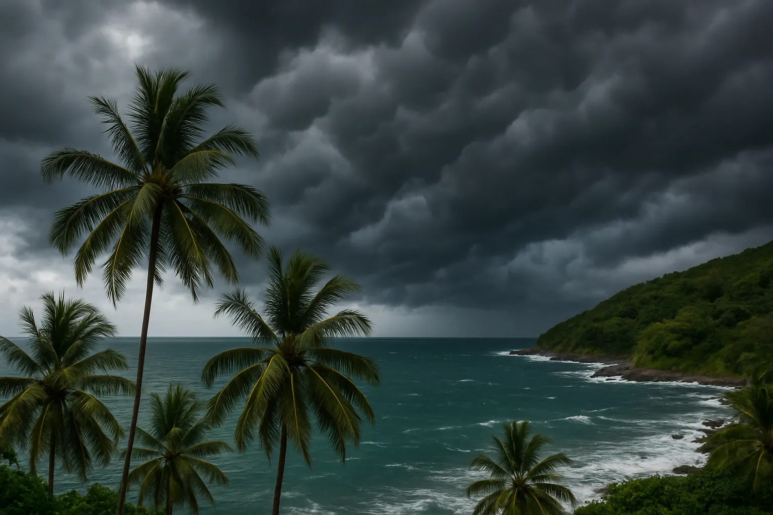 Tropical storm clouds gathering over Phuket coastline with palm trees and dark sea in the background, Thailand