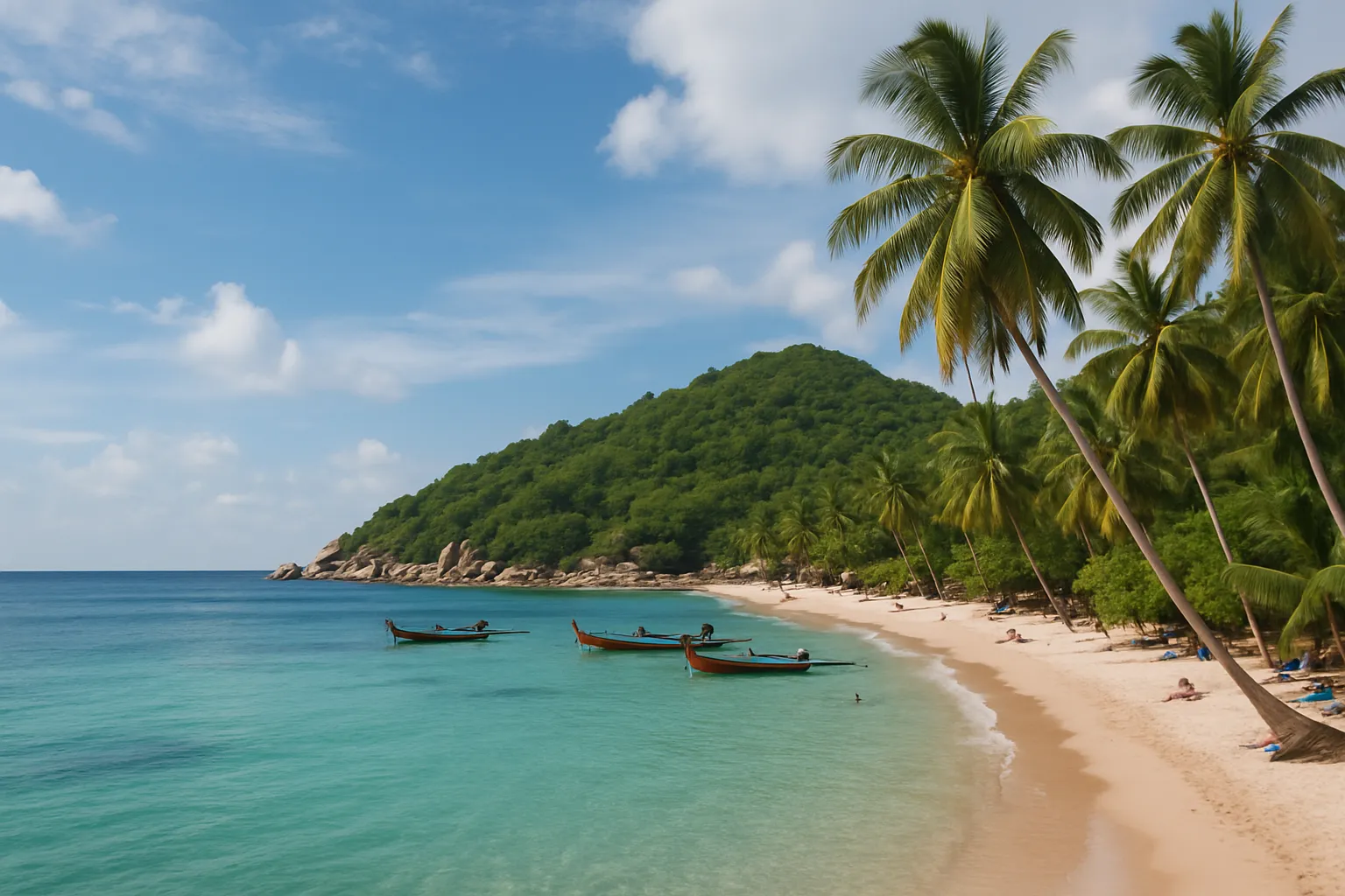 Turquoise calm waters and palm-fringed beach at Koh Tao in the Gulf of Thailand on a partly cloudy day