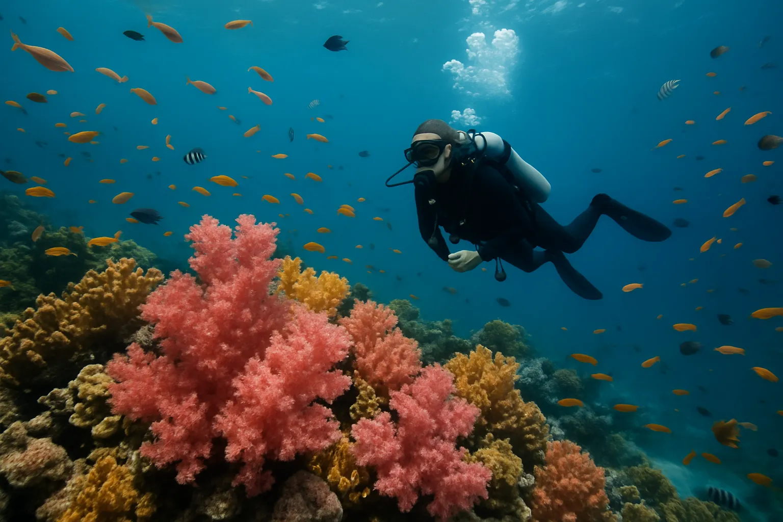 Underwater shot of a diver surrounded by colorful coral reef and tropical fish at a dive site near Koh Tao, Thailand