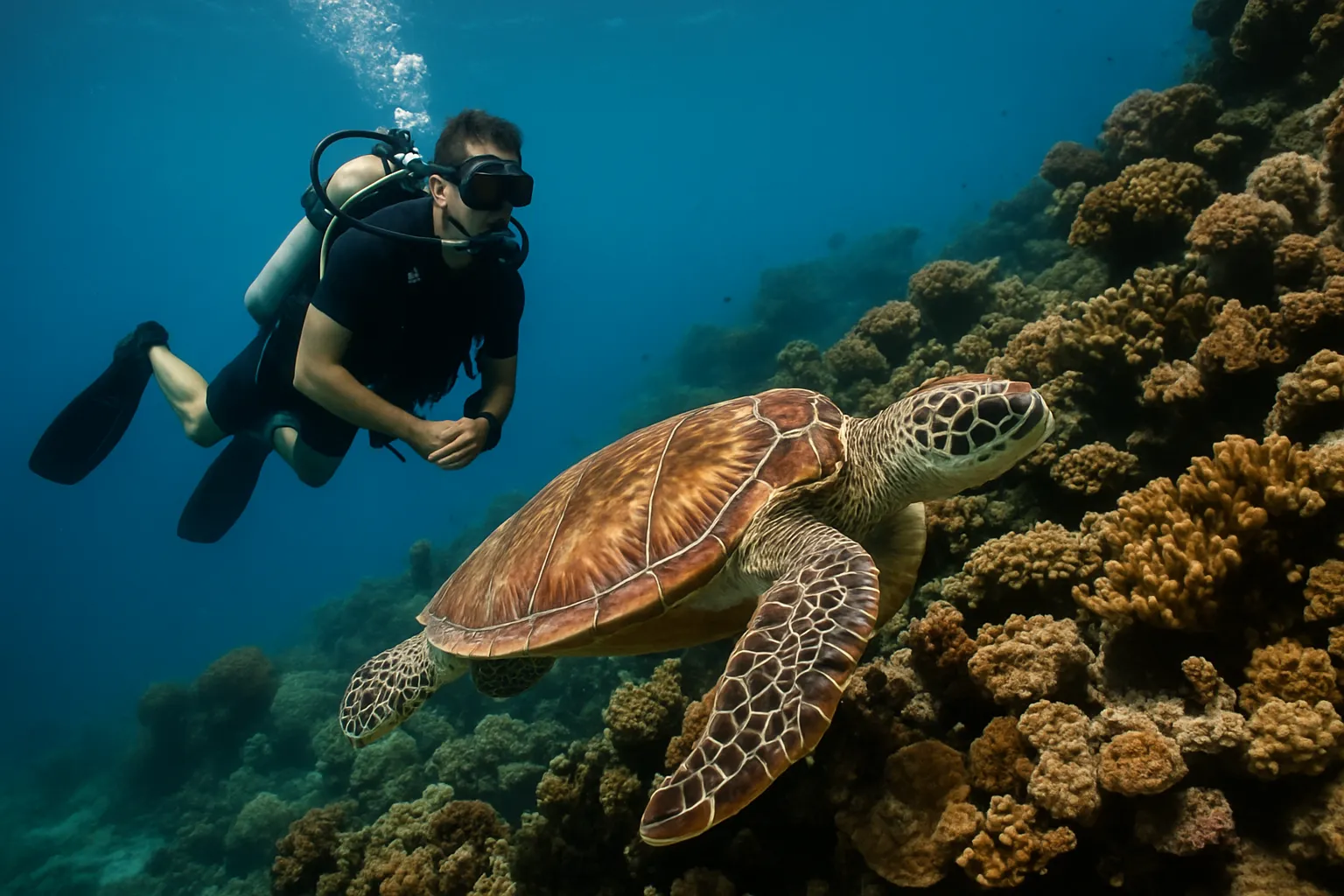 Underwater view of a diver swimming near a coral reef with sea turtle in Koh Tao Thailand