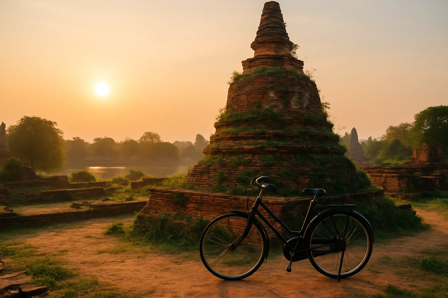 Vélo posé contre un stupa en briques rouges recouvert de végétation à Ayutthaya au lever du soleil