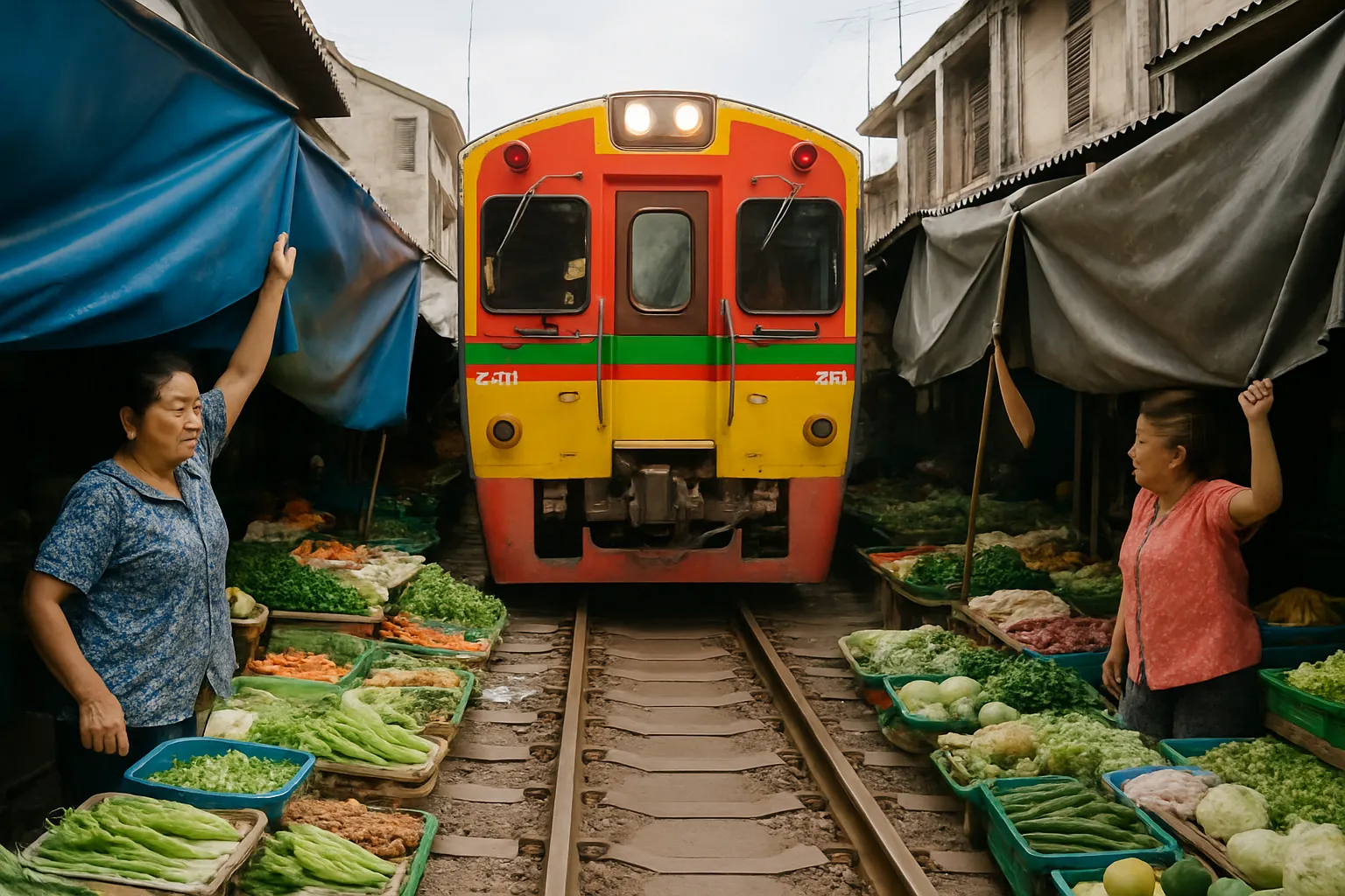 Vendors at Maeklong railway market pulling back their canopies as a train passes through the middle of the market in Samut Songkhram Thailand