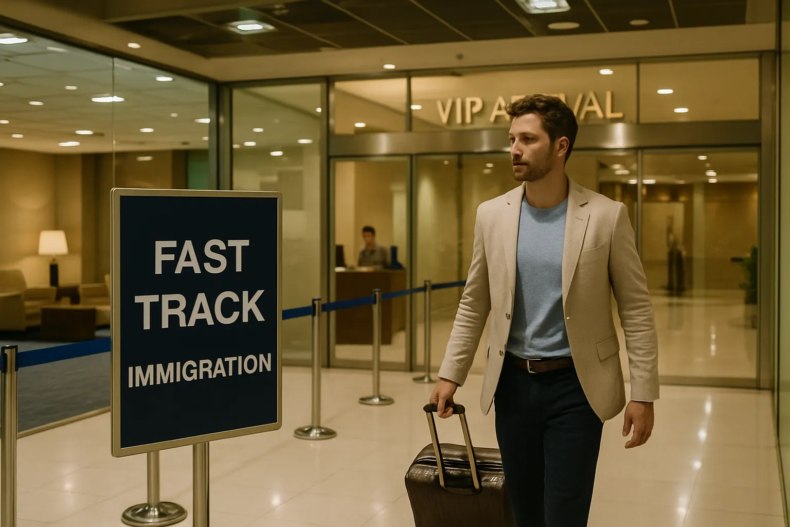 VIP arrival lounge at Suvarnabhumi Airport Bangkok with premium traveler using fast-track immigration service