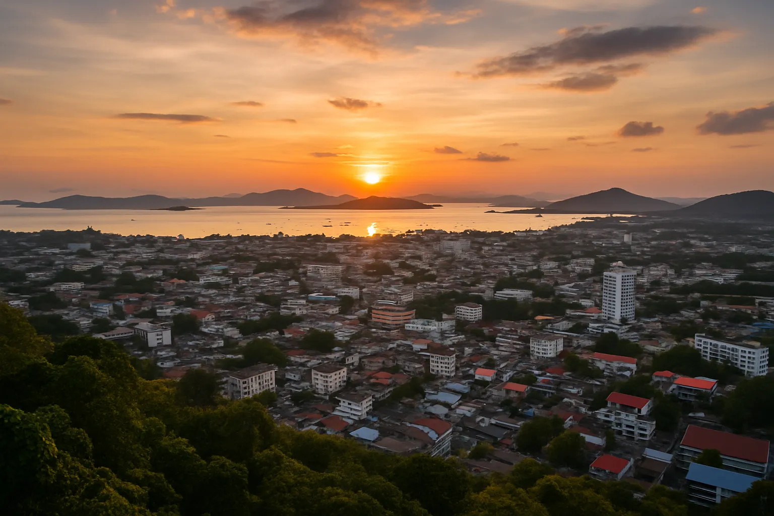 Vue panoramique depuis les collines de Khao Rang sur la ville de Phuket Town et la baie au coucher du soleil
