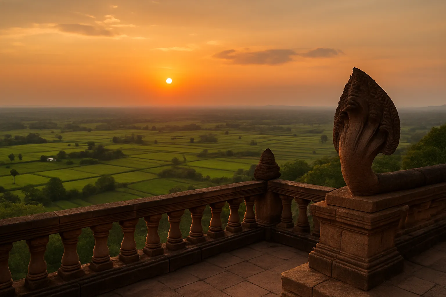 Vue panoramique du plateau isaan depuis la terrasse d'un temple khmer, paysage de rizières et ciel orange au coucher de soleil en Thaïlande du nord-est