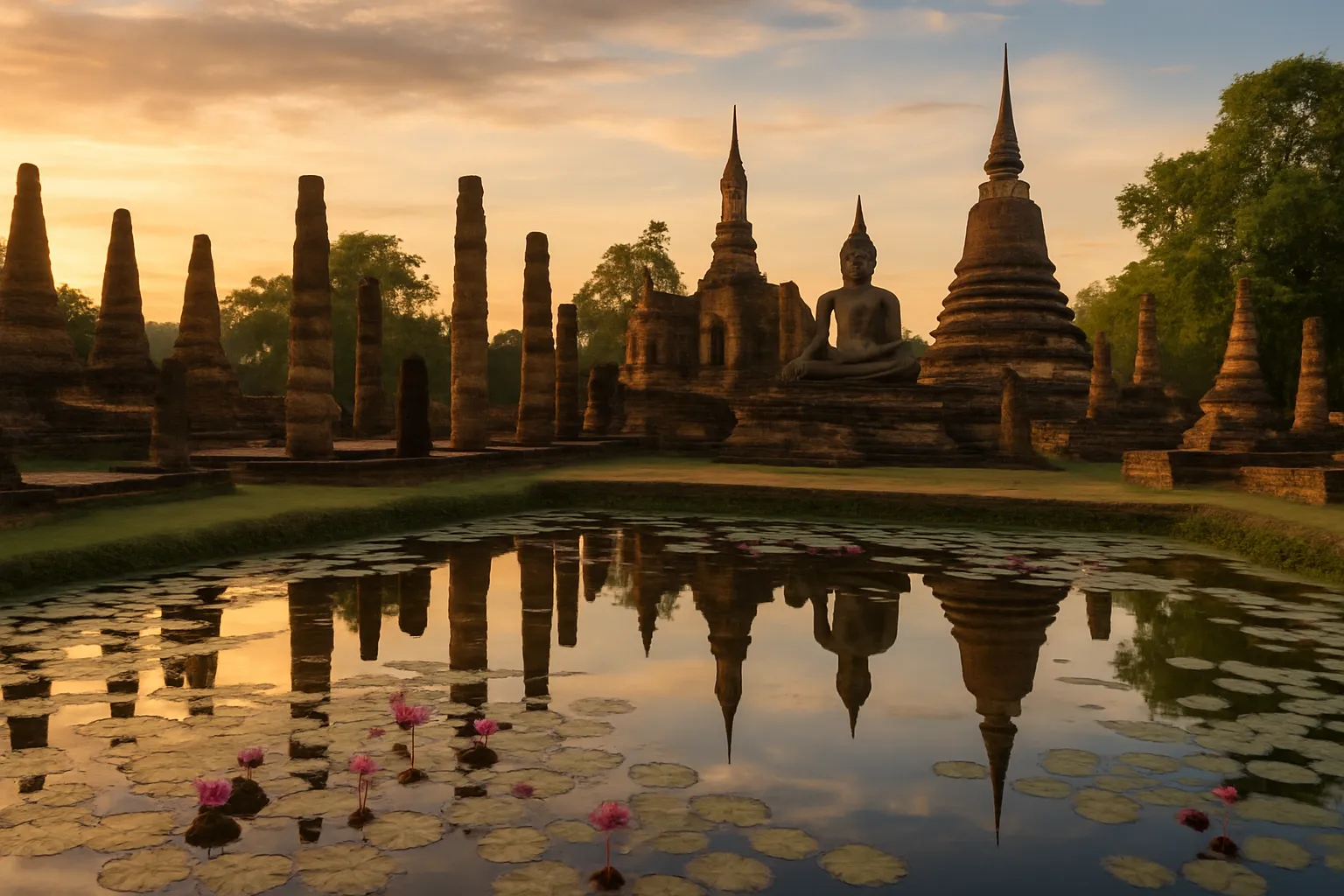 Vue panoramique du Wat Mahathat au lever du soleil avec ses stupas en ruines reflétés dans le bassin de lotus, parc historique de Sukhothai Thaïlande