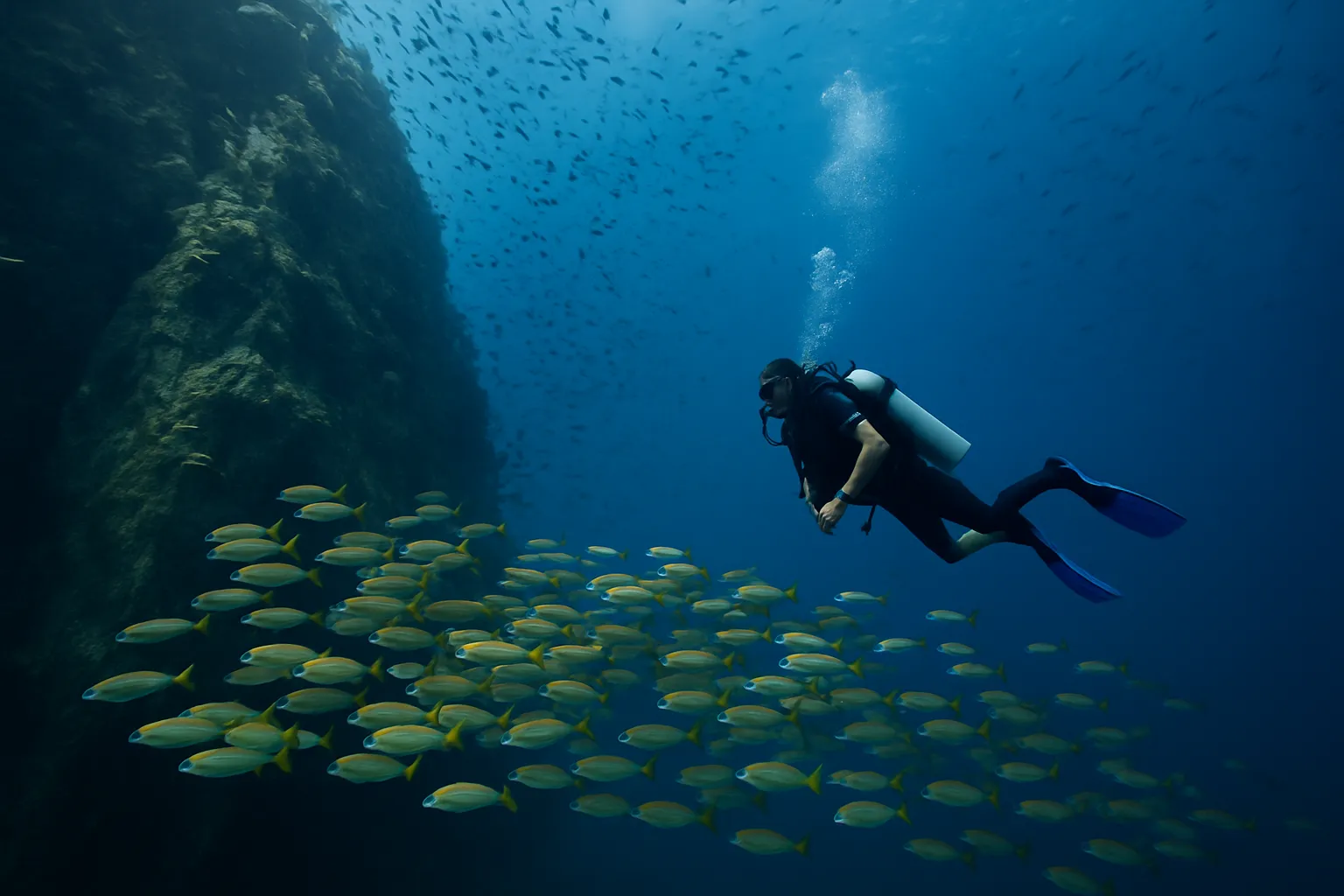 Wide angle photo of a diver exploring the Sail Rock pinnacle with schools of fish in the blue water near Koh Tao Thailand