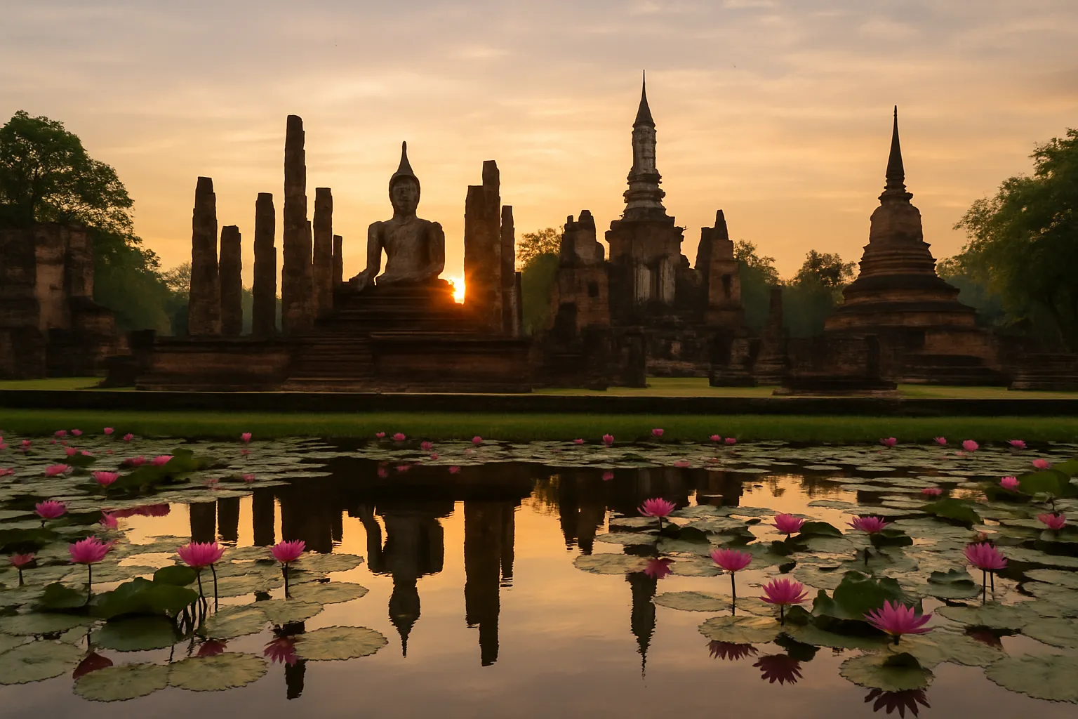 Wide-angle view of Wat Mahathat temple ruins surrounded by lotus ponds at sunrise in Sukhothai Historical Park Thailand