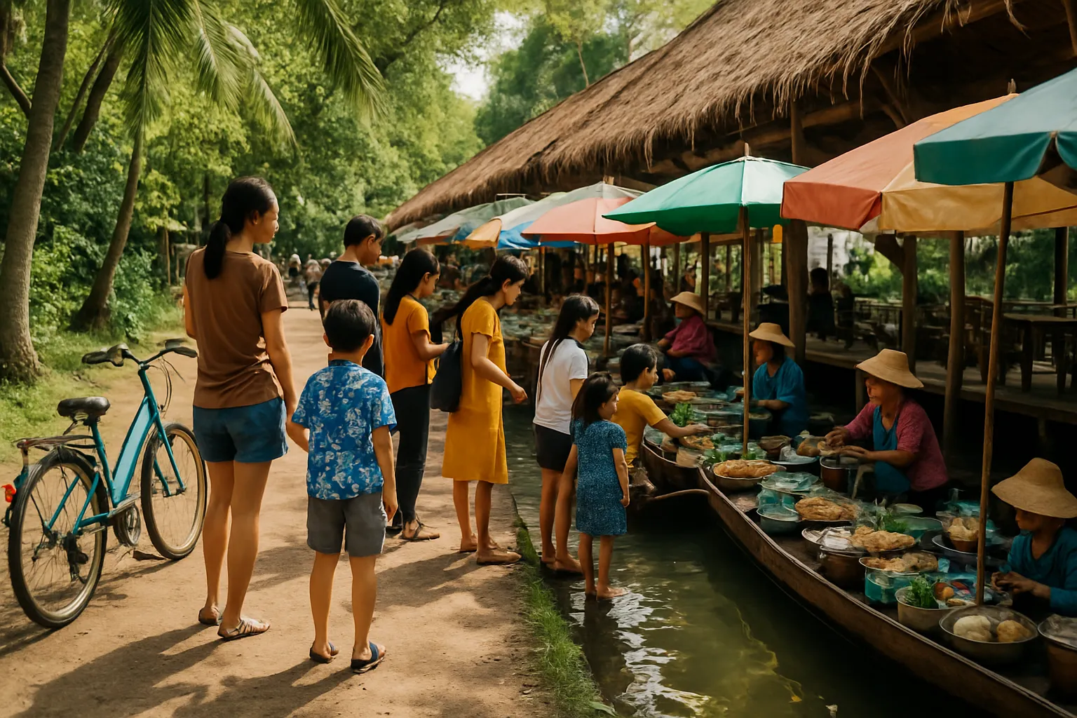 Wide shot of Bang Kachao green island floating market on Sunday morning in Bangkok Thailand, with bicycles and local Thai families shopping at canal-side food stalls