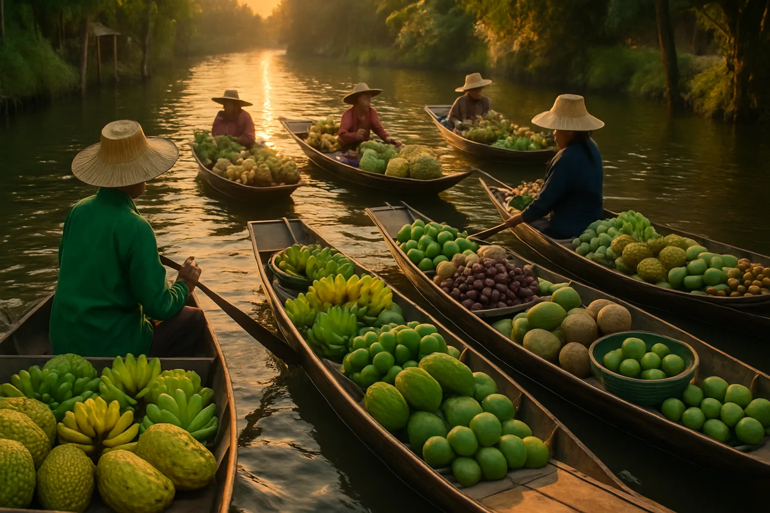 Wooden boats loaded with tropical fruits and vegetables floating along a canal at Damnoen Saduak market Thailand at sunrise