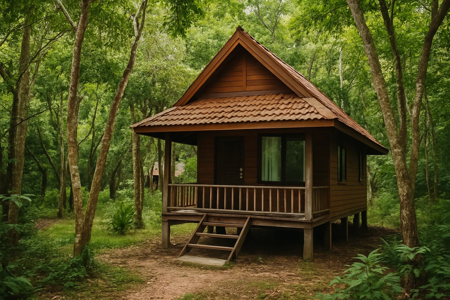 Wooden bungalow accommodation surrounded by trees inside Khao Sam Roi Yot National Park Thailand